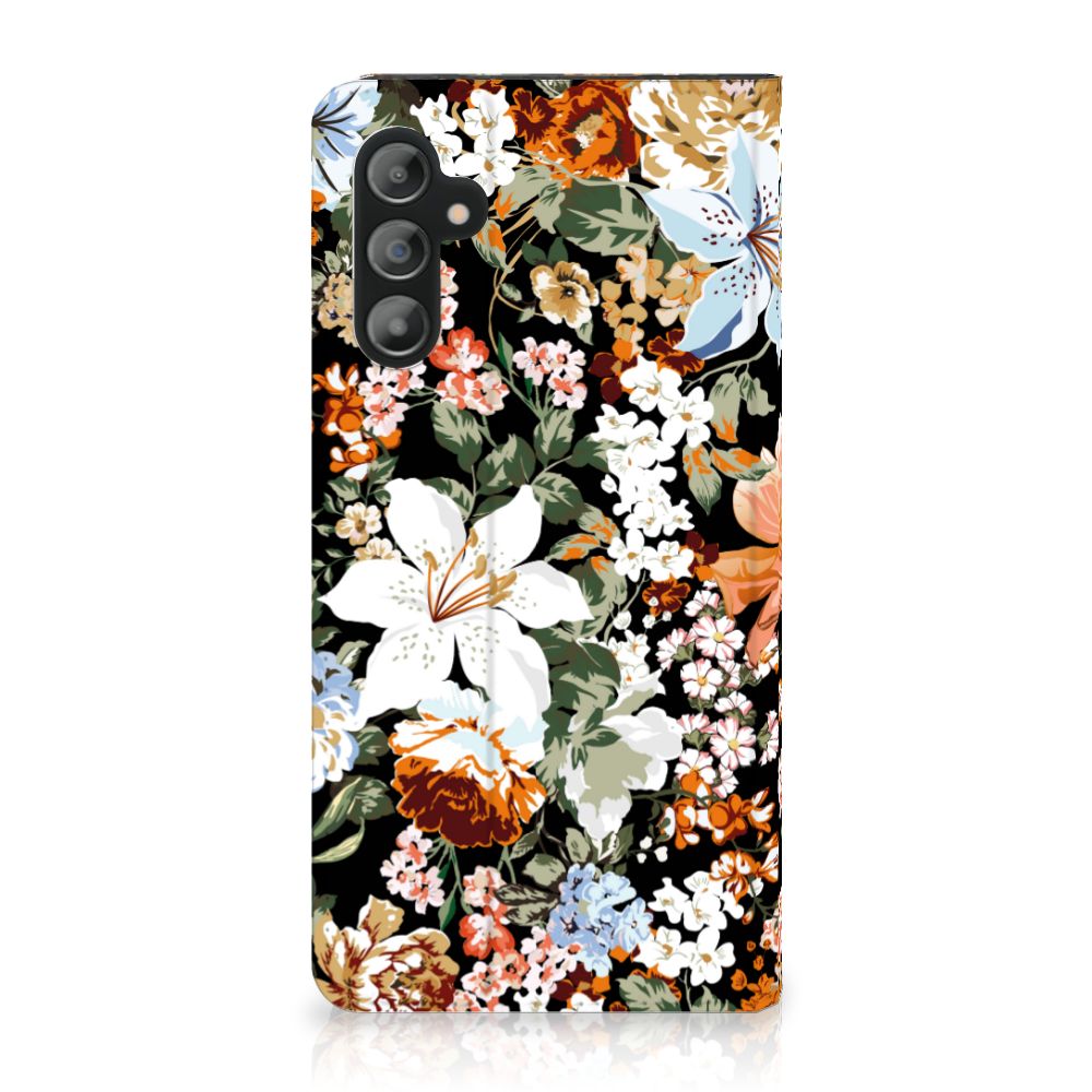 Smart Cover voor Samsung Galaxy A14 5G Dark Flowers met bloemenprint in verschillende kleuren.