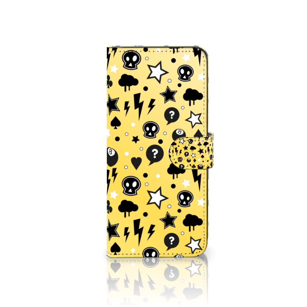 Telefoonhoesje met Naam Samsung Galaxy A14 4G Punk Geel met zwart-witte ontwerpen en sluiting.