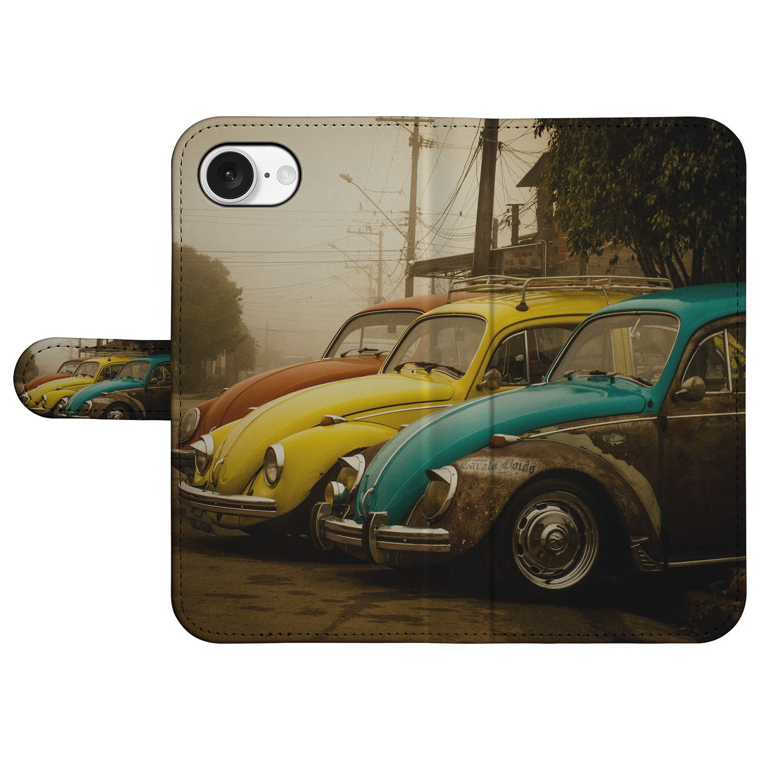 Book Case Hoesje Ontwerpen – Apple iPhone 16e met vintage Volkswagen Kever ontwerp in verschillende kleuren.