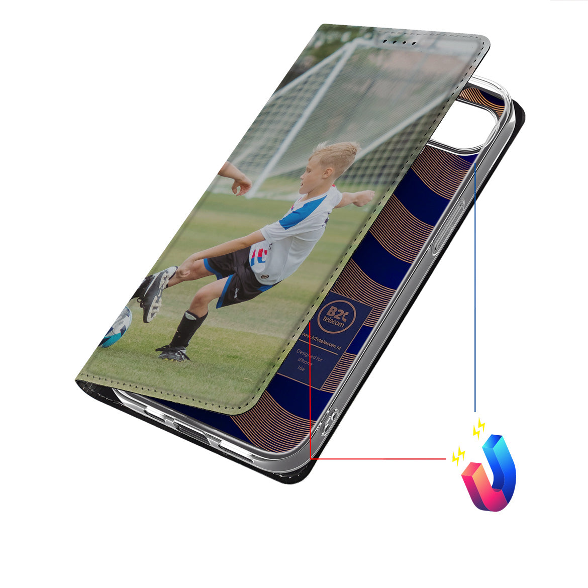 Gepersonaliseerd Stand Case Hoesje voor iPhone 16e met foto van een jongen die een voetbal schopt.