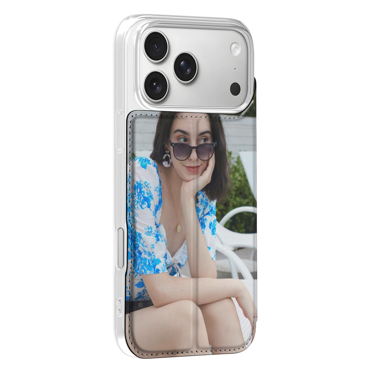 iPhone 17 Pro Stand Case Hoesje Maken met Foto Premium Design transparant met foto van vrouw in zonnebril