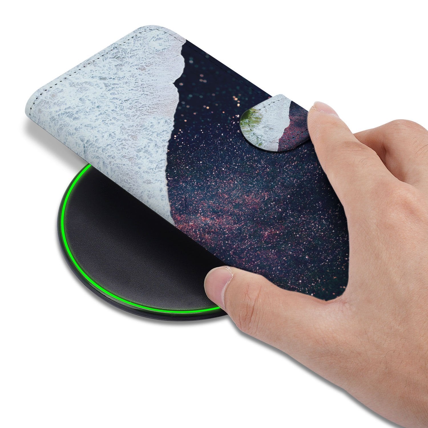 Google Pixel 10 | 10 Pro Portemonnee Hoesje Sea in Space Paars hand aanzicht