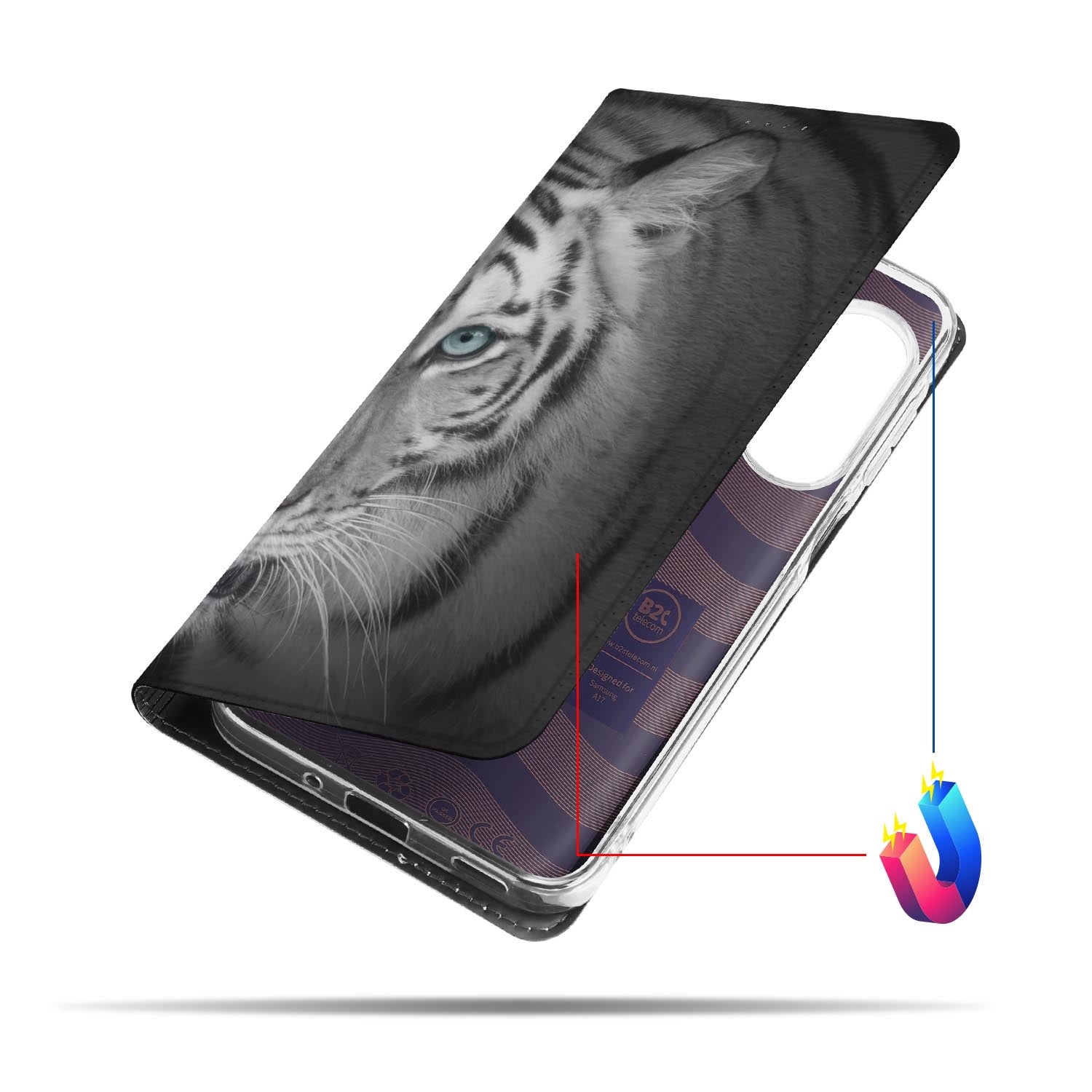 Samsung Galaxy A17 Book Case Tijger design witte tijger aanzicht