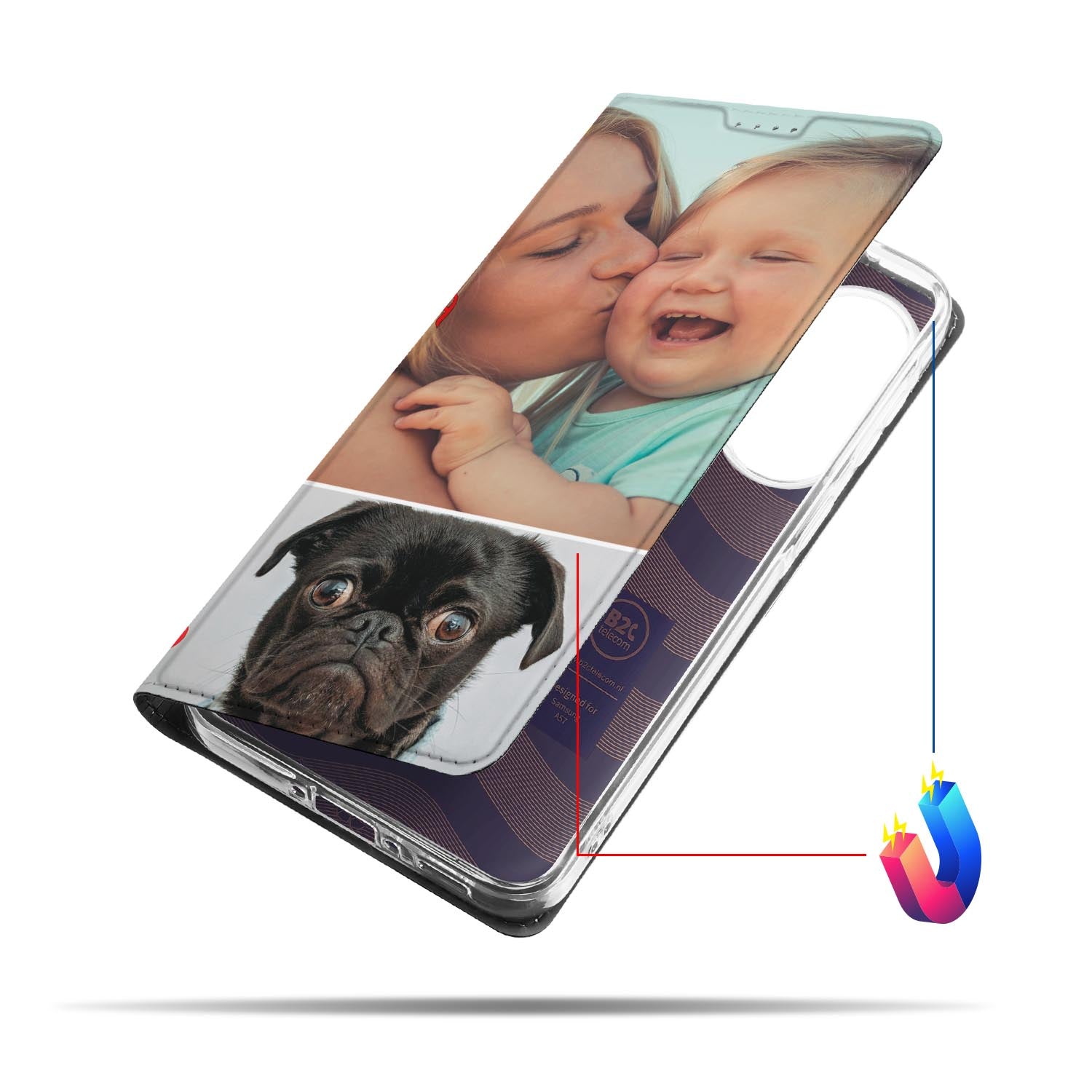 Samsung Galaxy A57 Stand Case Hoesje Maken met Foto | Slim & Persoonlijk, afbeelding met schattige hond en kinderen aan de voorkant.