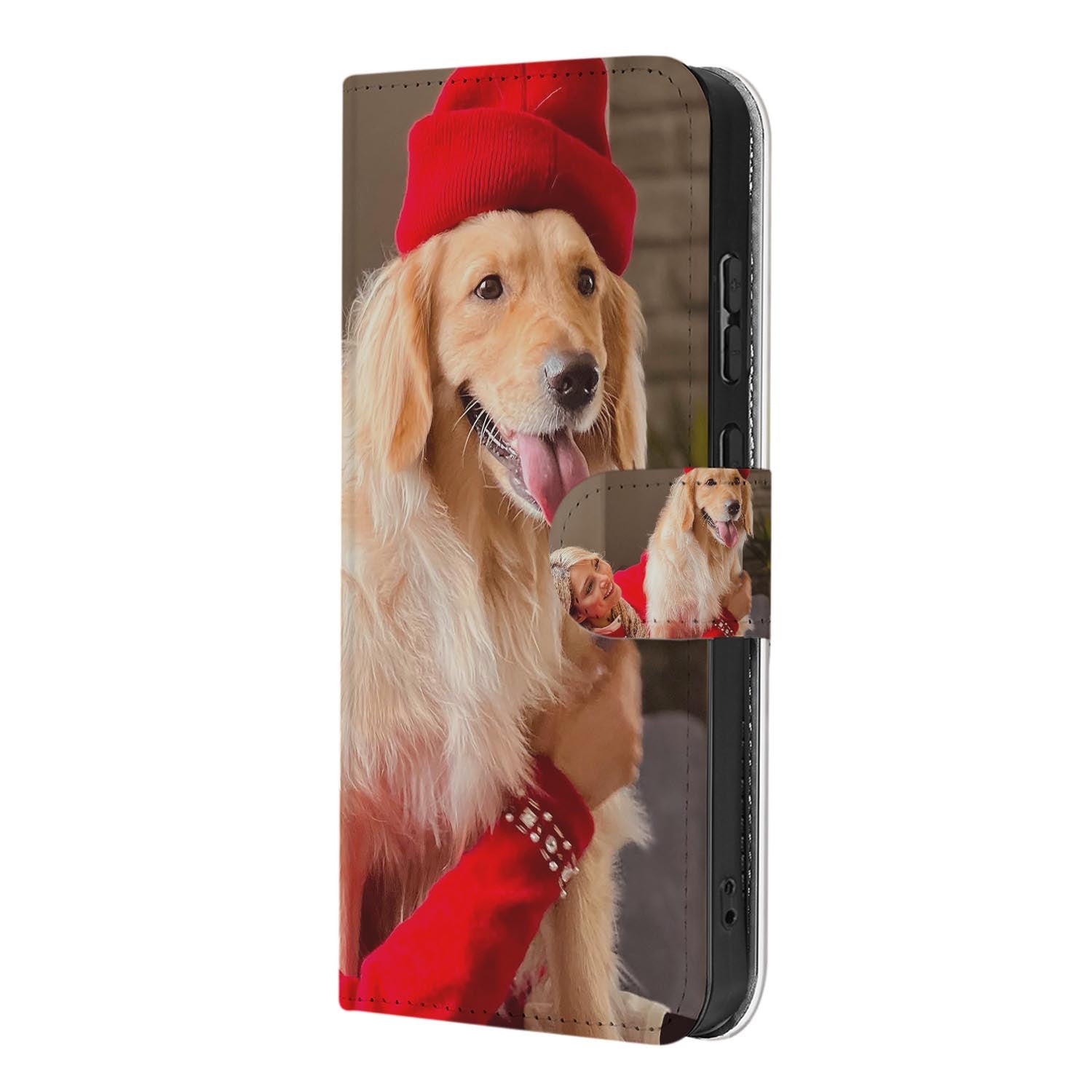Samsung Galaxy S26 Plus Bookcase Hoesje Maken met Foto Naadloos Design hond met rode hoed en foto op hoesje.