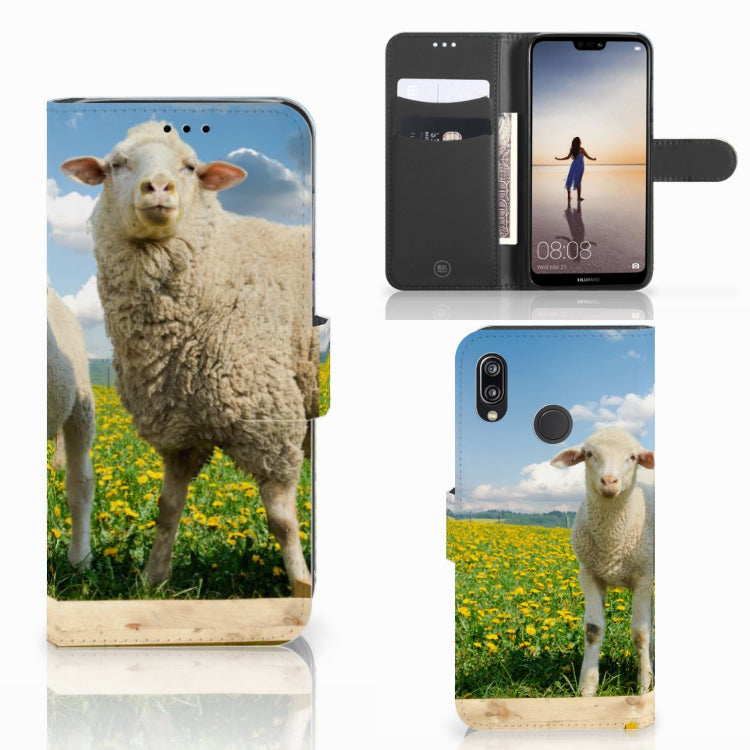 Huawei P20 Lite Telefoonhoesje met Pasjes Schaap en Lammetje