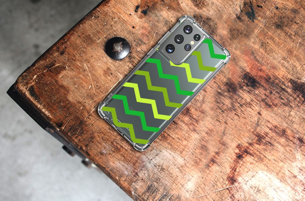 Samsung Galaxy S21 Ultra Doorzichtige Silicone Hoesje Zigzag Groen B2C Telecom
