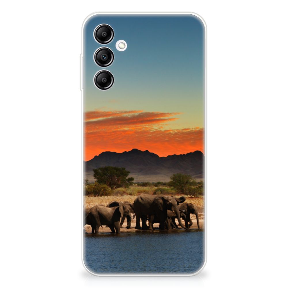 Samsung Galaxy A14 5G TPU Hoesje Olifanten met afdruk van olifanten bij zonsondergang.
