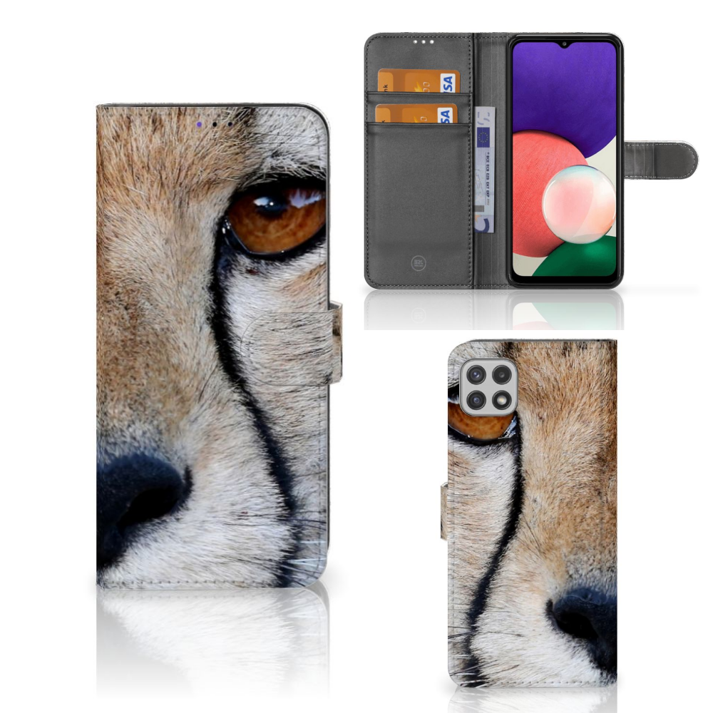 Samsung Galaxy A22 5G Telefoonhoesje met Pasjes Cheetah met close-up van cheeta's gezicht