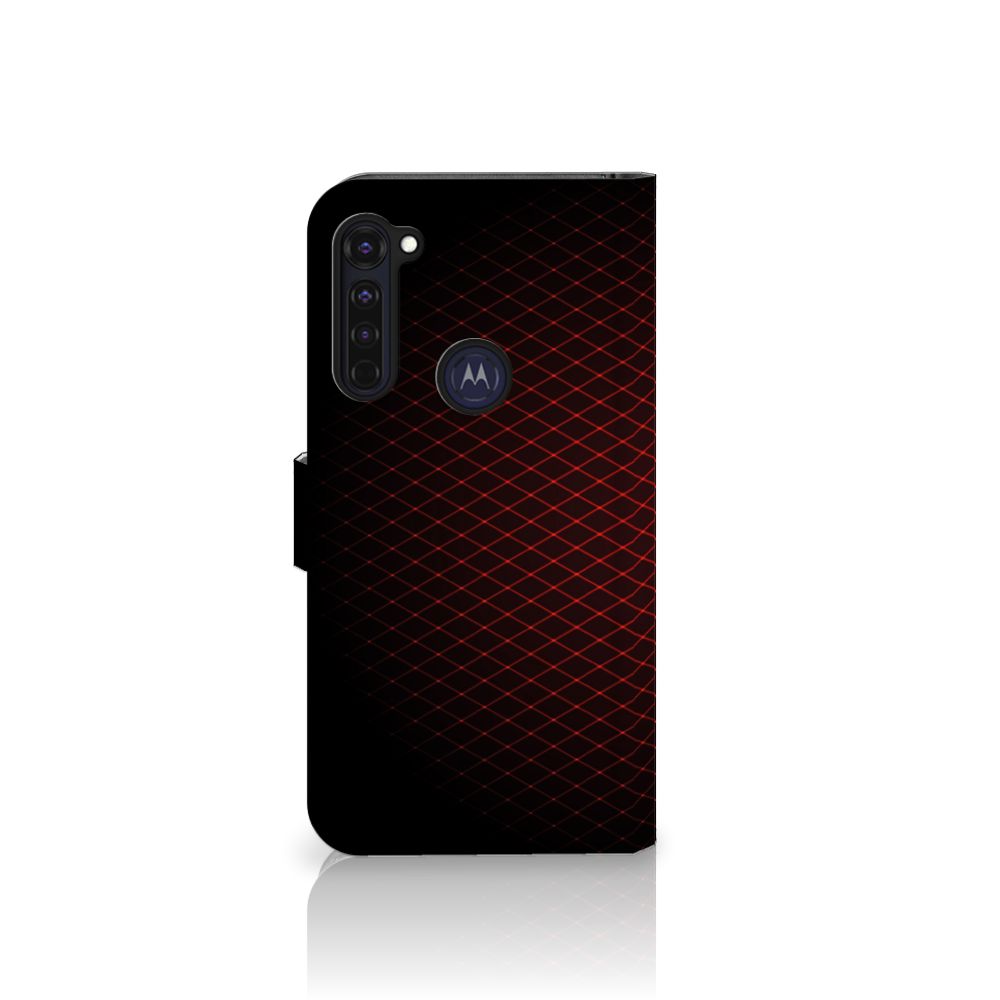 Motorola Moto G Pro Telefoon Hoesje Geruit Rood met stijlvol zwart-rood design en ruimte voor 3 pasjes.