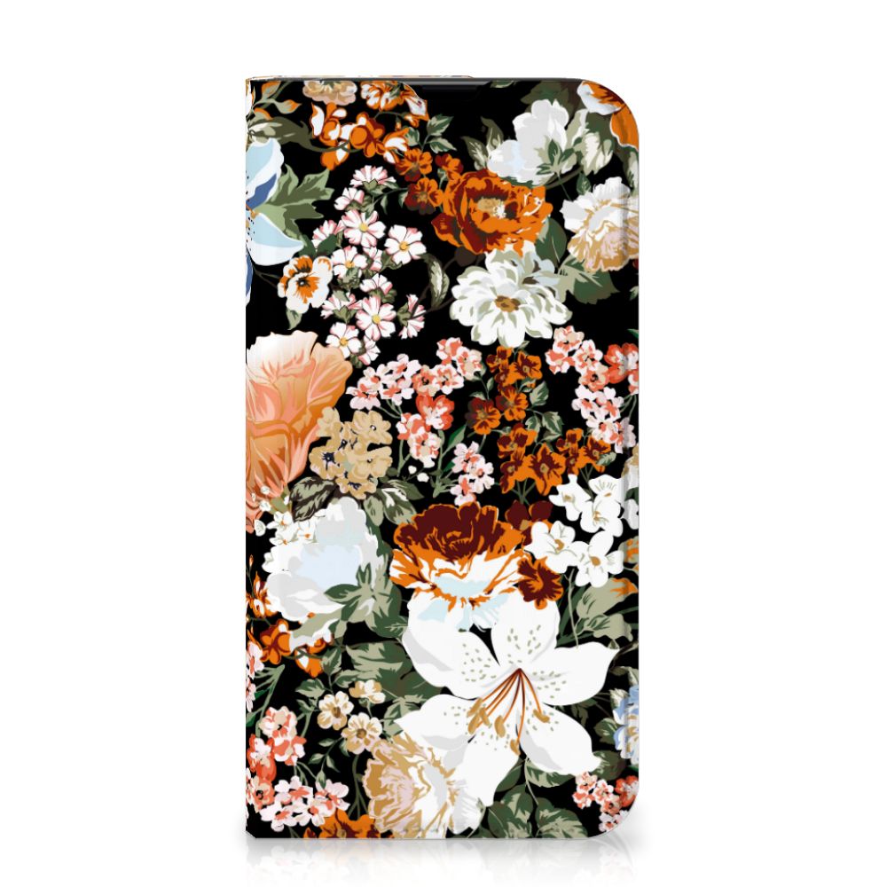 Smart Cover voor iPhone 13 Pro Dark Flowers met kleurrijk bloemenpatroon 🌸 op een zwarte achtergrond.