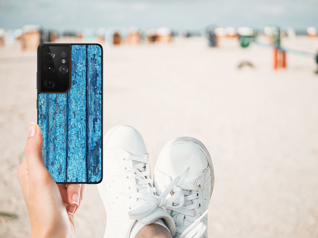 Samsung Galaxy S21 Ultra Houten Print Telefoonhoesje Wood Blue B2C Telecom