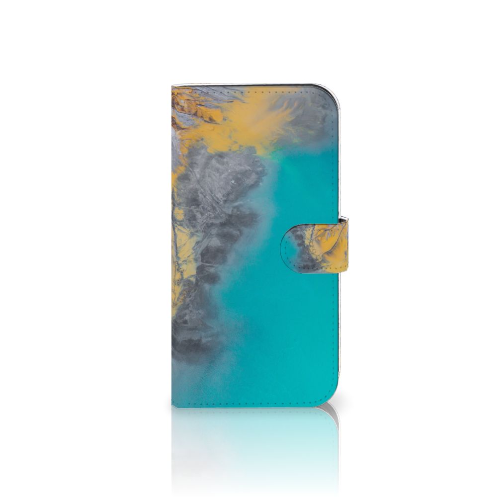 iPhone 15 Pro Max Bookcase Marble Blue Gold met een uniek marmerdesign in blauw en goud.