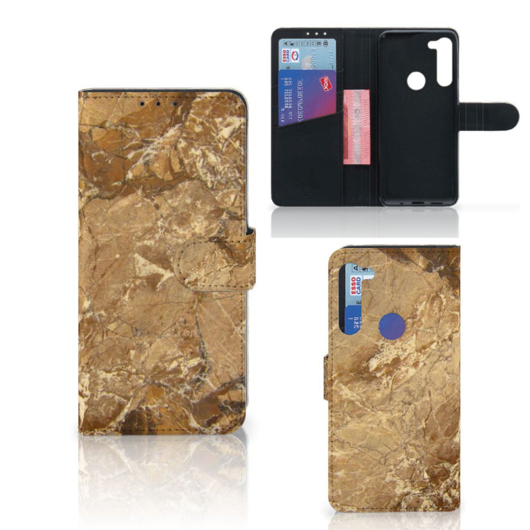 Motorola G8 Power Bookcase Marmer Creme met pasjes en luxe design, gemaakt van TPU-siliconen en kunstleer.