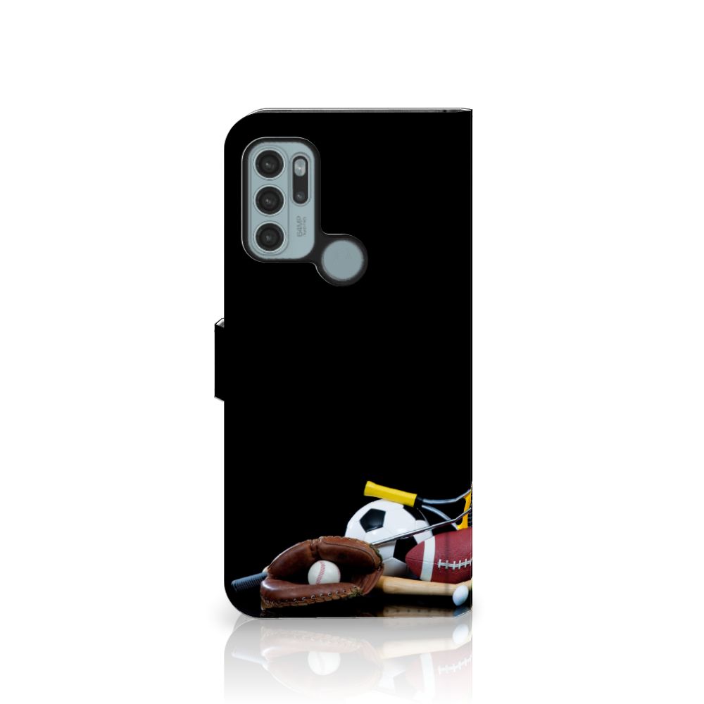 Motorola Moto G60s Wallet Case met Pasjes Sports met sportuitrusting en een zwart ontwerp.