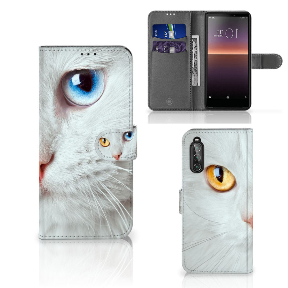 Sony Xperia 10 II Telefoonhoesje met Pasjes Witte Kat