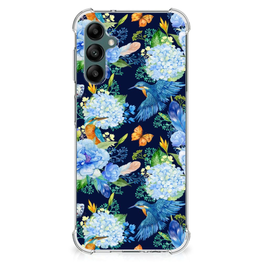Case Anti-shock voor Samsung Galaxy A14 5G/4G IJsvogel met kleurrijke bloemen en ijsvogel design.