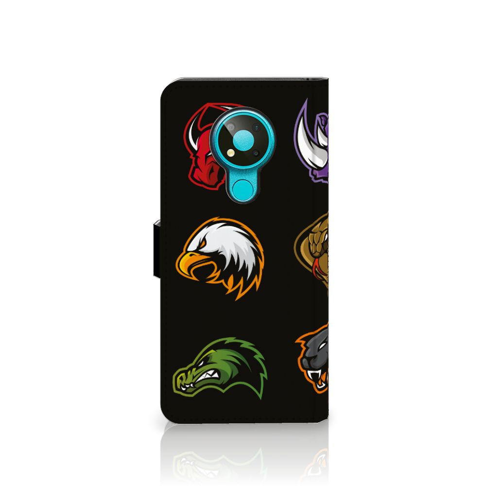 Nokia 3.4 Leuk Hoesje Cartoon met kleurrijke dierenkoppen op een zwarte achtergrond.