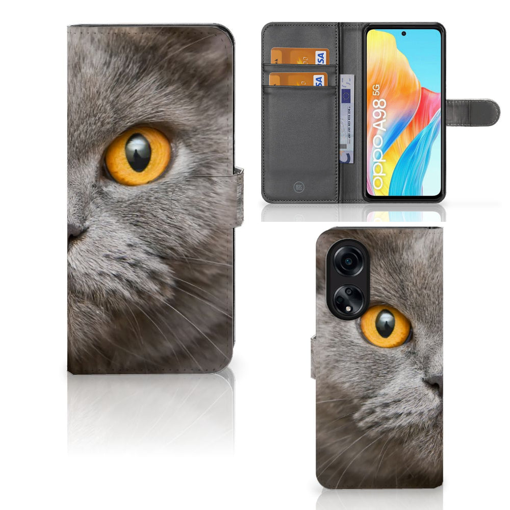 Telefoonhoesje met Pasjes OPPO A98 5G Britse Korthaar met afbeelding van een kat en ruimte voor pasjes.