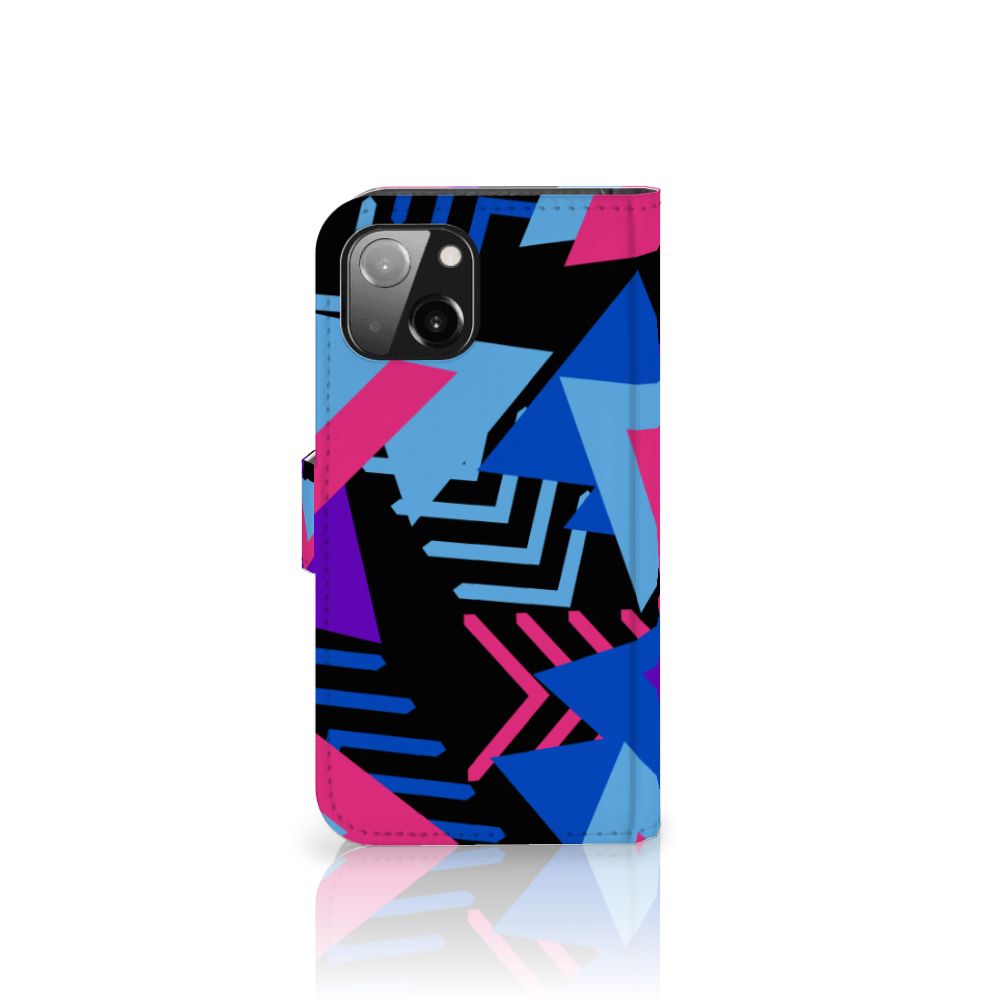 Apple iPhone 13 Book Case Funky Triangle met kleurrijk ontwerp in paars, roze en blauw.