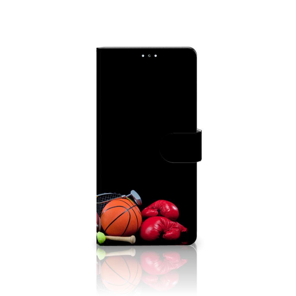 Samsung Galaxy S22 Ultra Wallet Case met Pasjes Sports met sportafbeeldingen zoals basketbal en bokshandschoenen.
