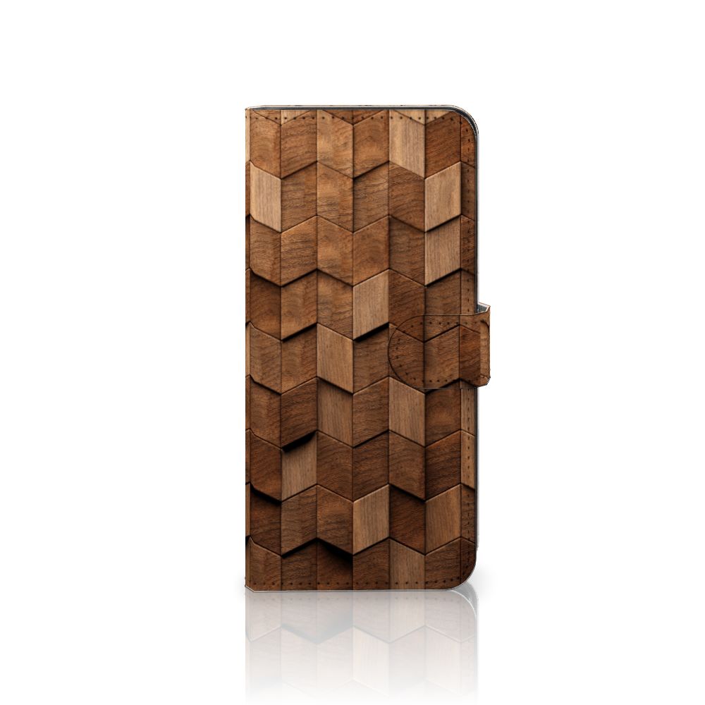 Book Style Case voor Samsung Galaxy A14 4G Wooden Cubes met een uniek houten ontwerp van blokken.
