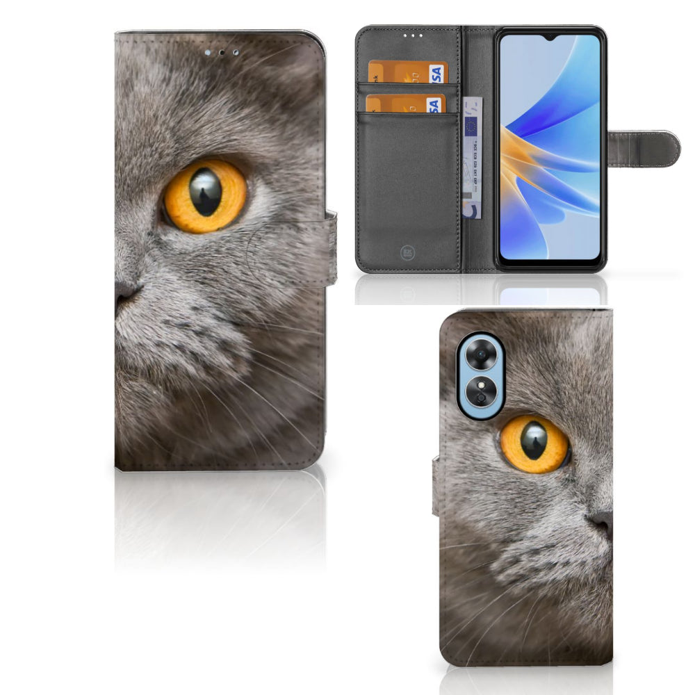 Telefoonhoesje met Pasjes OPPO A17 Britse Korthaar met afbeelding van een Britse korthaar kat en ruimte voor pasjes.
