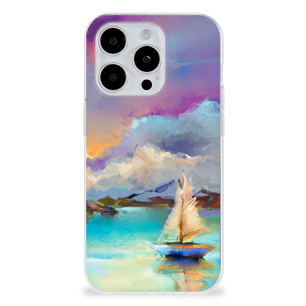 Hoesje maken iPhone 15 Pro Boat met abstracte afbeelding van een bootje op een meer en kleurrijke achtergrond.