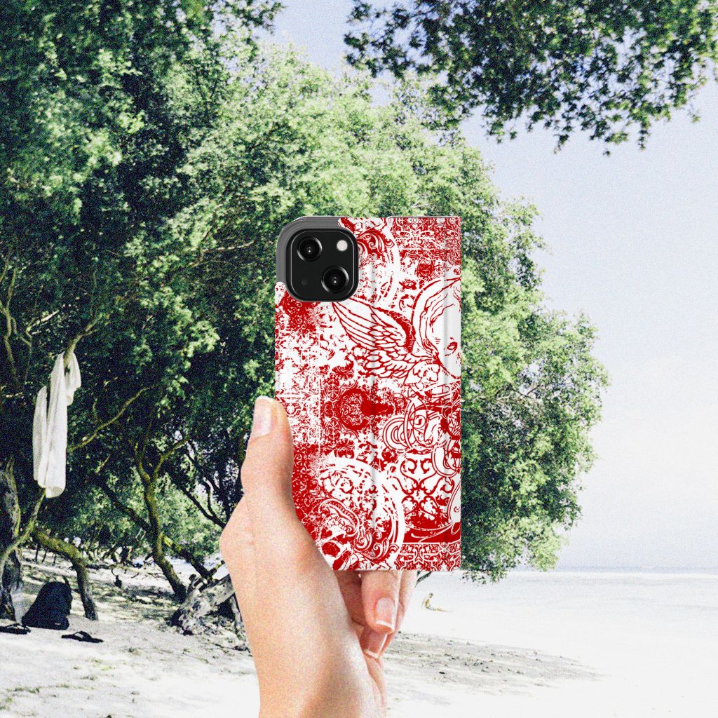 Mobiel BookCase iPhone 13 Angel Skull Rood
