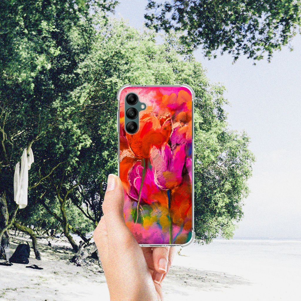 Back Cover Samsung Galaxy A14 5G/4G Tulips held outdoors with vibrant floral design in sunny setting.