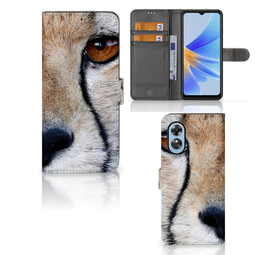 OPPO A17 Telefoonhoesje met Pasjes Cheetah met close-up van cheeta en ruimte voor 3 pasjes