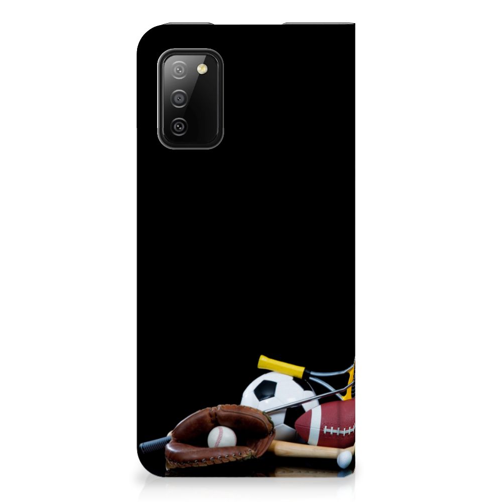 Samsung Galaxy M02s | A02s Hippe Standcase Sports with various sports equipment including balls and bats.