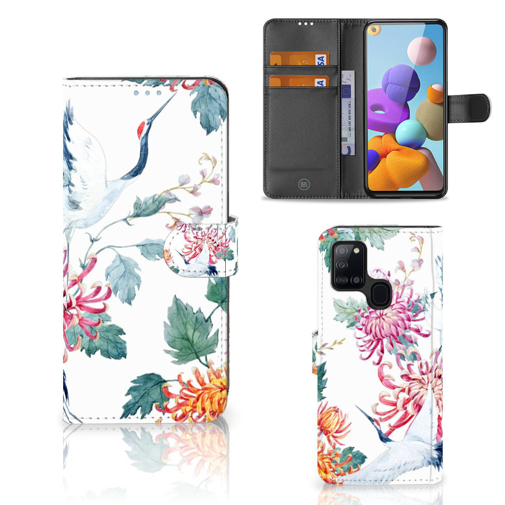 Samsung Galaxy A21s Telefoonhoesje met Pasjes Bird Flowers