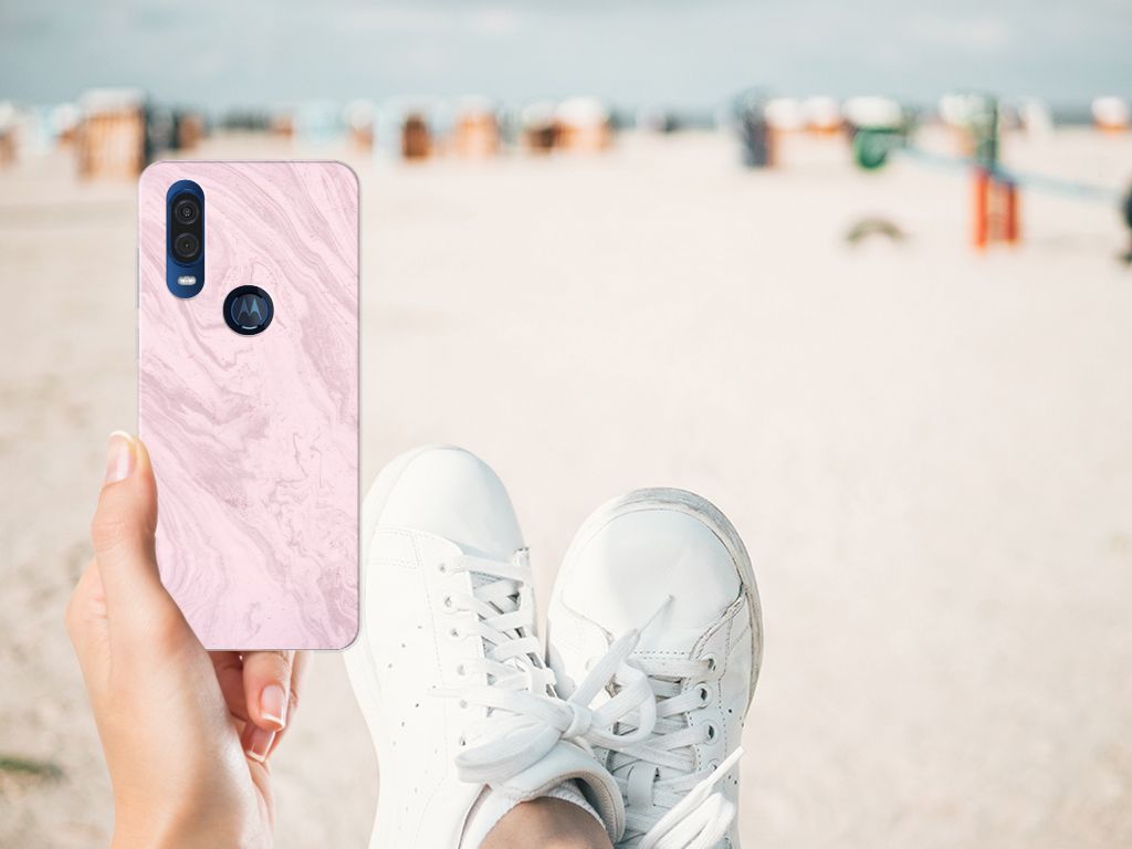 Motorola One Vision TPU Siliconen Hoesje Marble Pink - Origineel Cadeau Vriendin