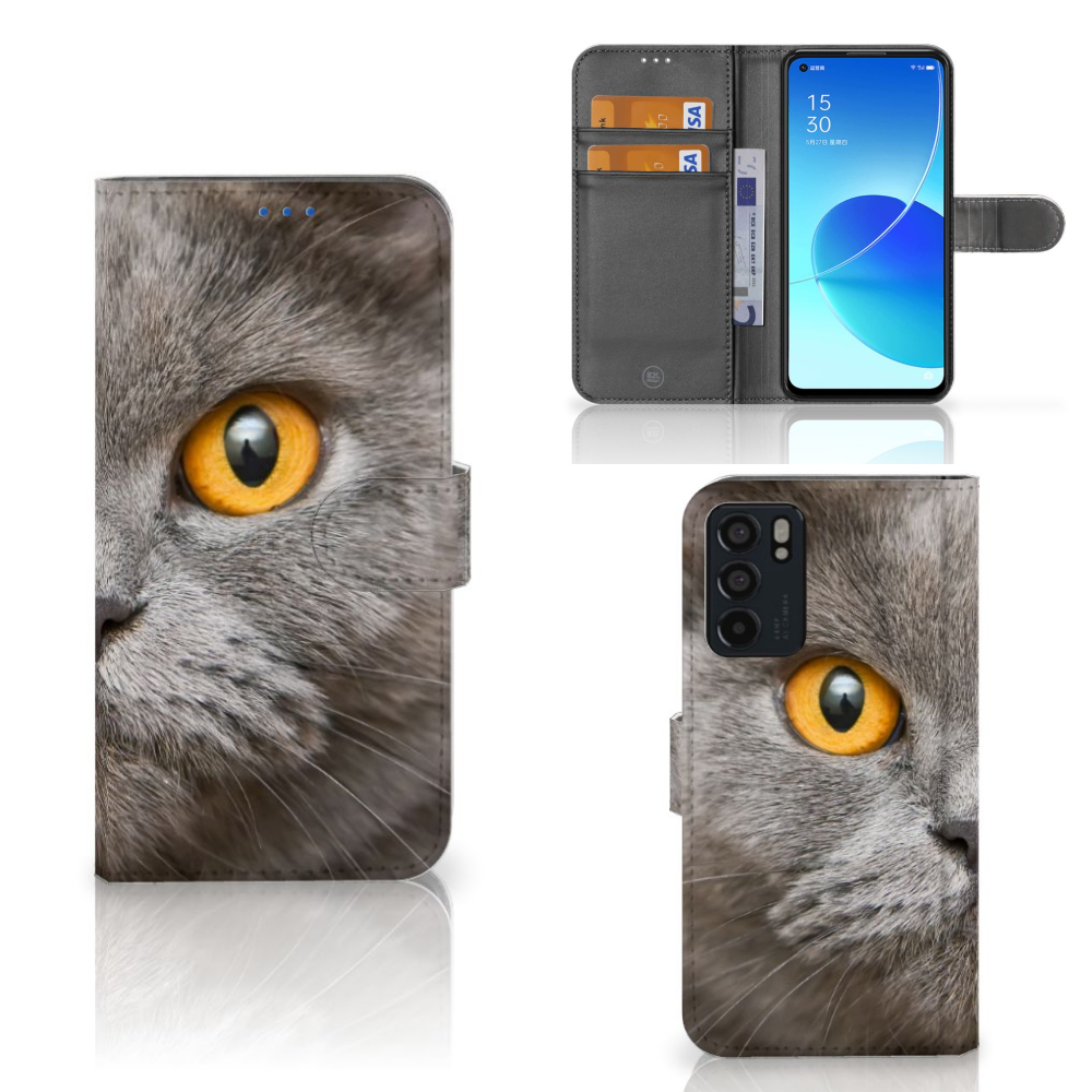 Telefoonhoesje met Pasjes OPPO Reno6 5G Britse Korthaar met afbeelding van een grijze kat met gele ogen.