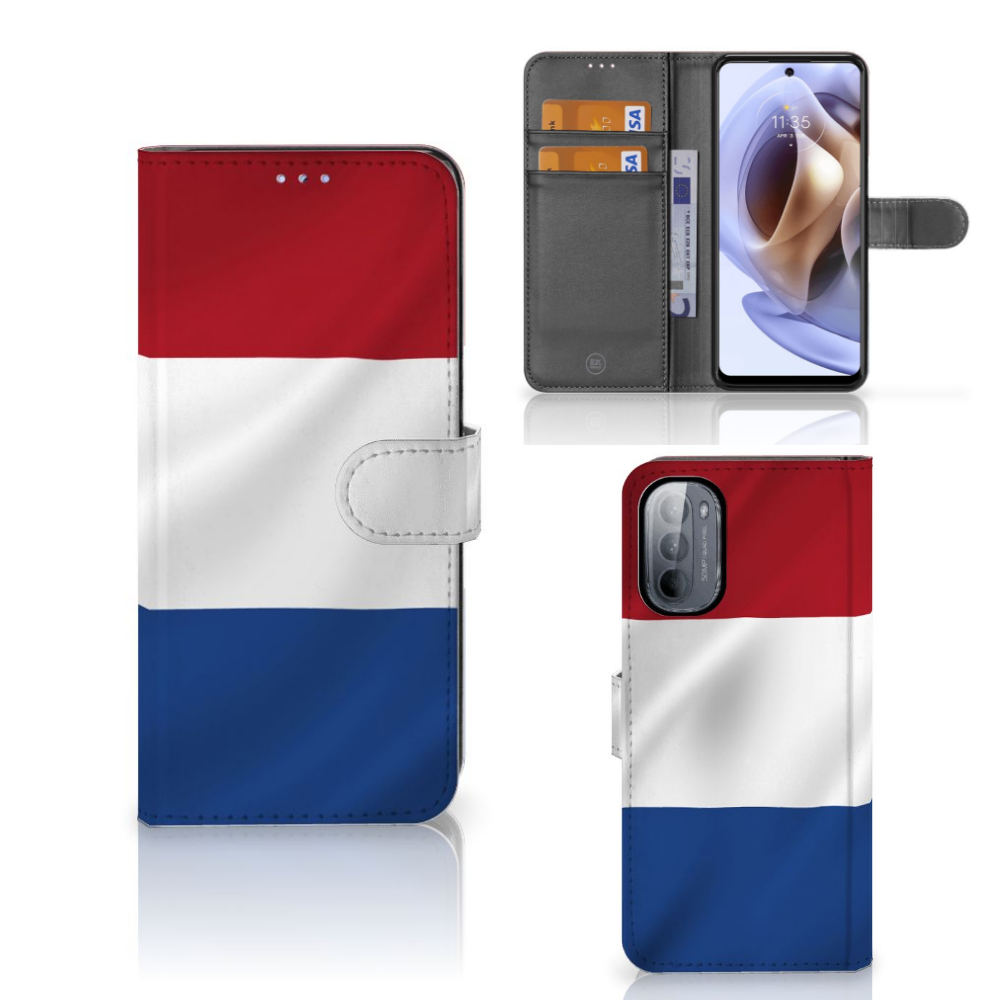 Motorola Moto G31 | G41 Bookstyle Case Nederlandse Vlag met pasjes en artistiek design van de Nederlandse vlag.