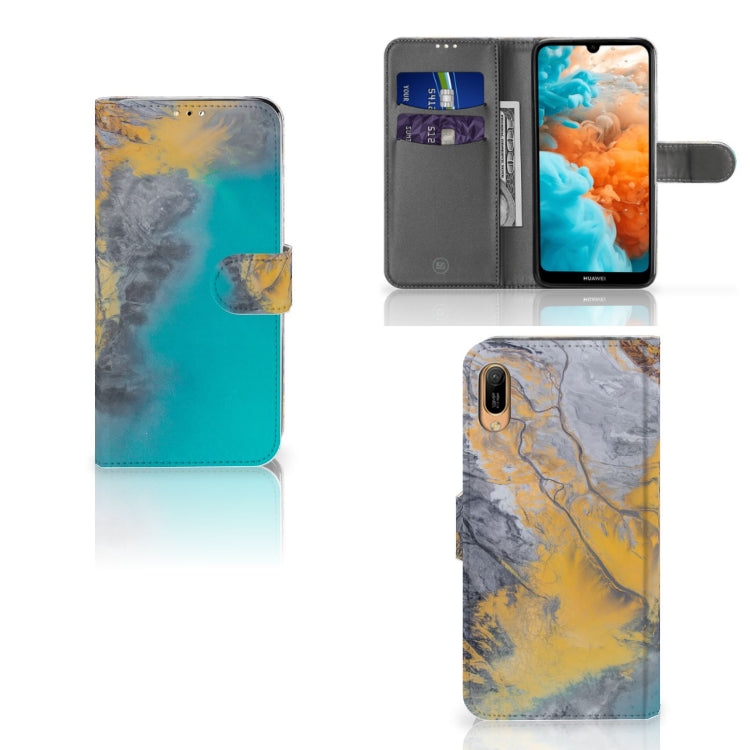 Huawei Y6 (2019) Bookcase Marble Blue Gold