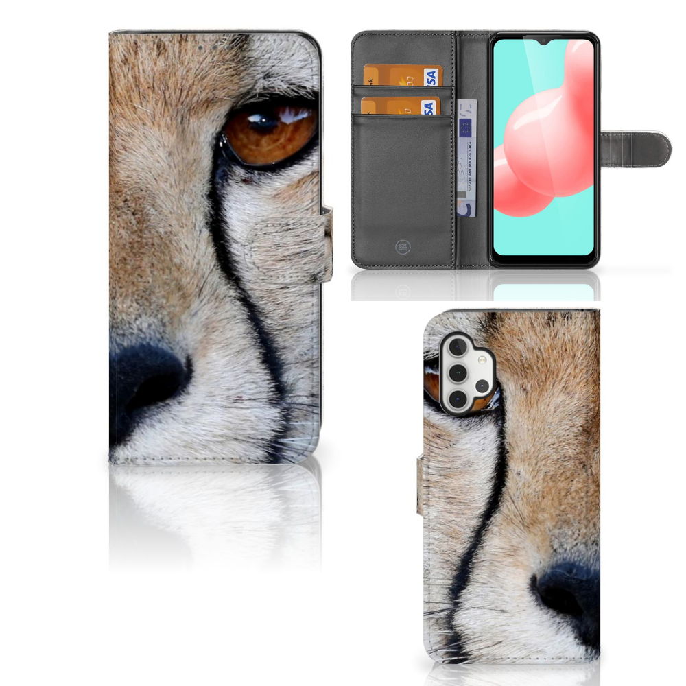 Samsung Galaxy A32 5G Telefoonhoesje met Pasjes Cheetah met close-up van cheeta en ruimte voor 3 pasjes.