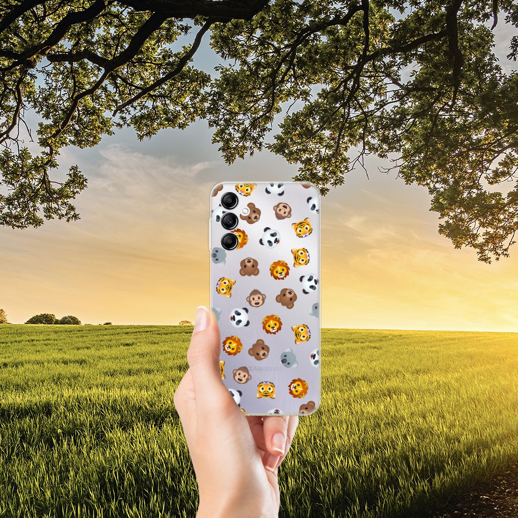 TPU bumper voor Samsung Galaxy A14 5G Dieren Emojis met diverse dieren emojis in een hand, natuurscène op achtergrond.