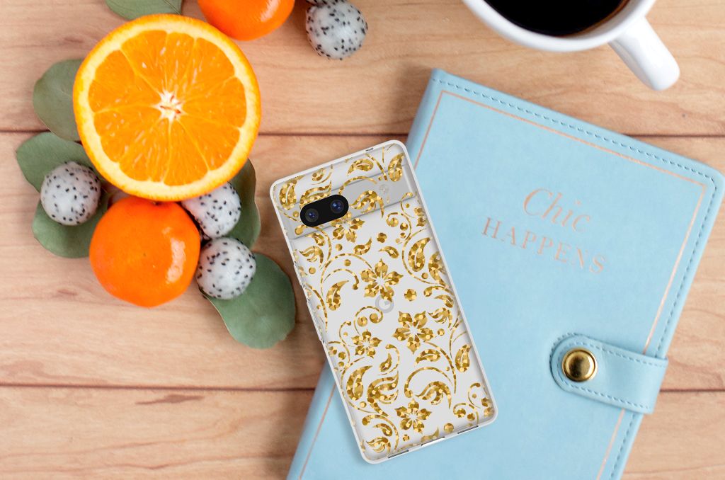 Google Pixel 7A TPU Case Gouden Bloemen