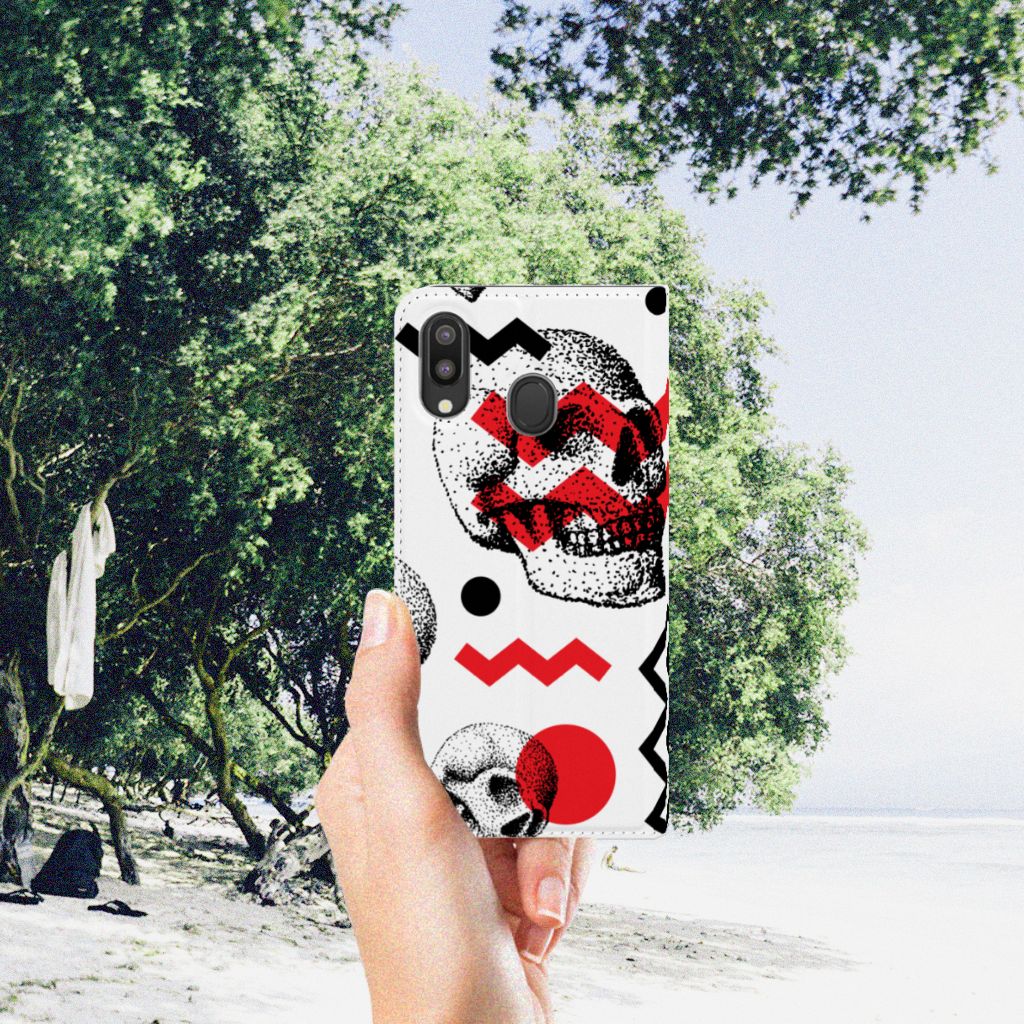 Mobiel BookCase Samsung Galaxy M20 Skull Red