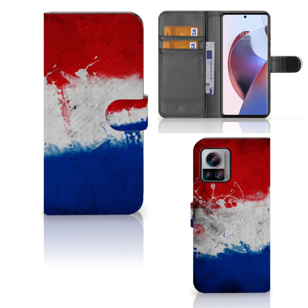 Motorola Edge 30 Ultra Bookstyle Case Nederland met pasjes en artistiek design van de Nederlandse vlag.