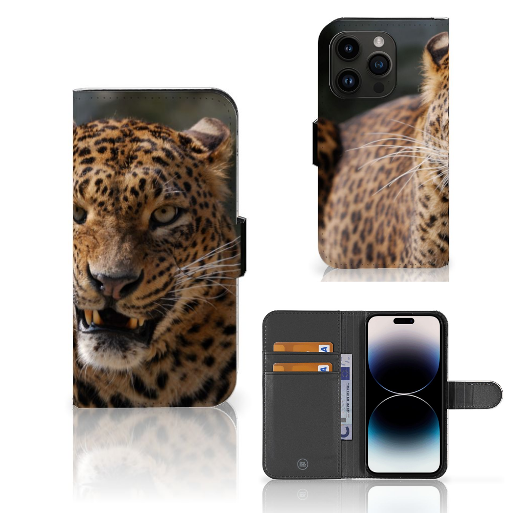 iPhone 15 Pro Telefoonhoesje met Pasjes Luipaard: Stoere design met luipaardprint en ruimte voor pasjes 🐆