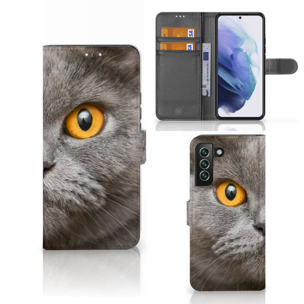 Telefoonhoesje met Pasjes Samsung Galaxy S22 Plus Britse Korthaar met indrukwekkende kattenafbeelding.