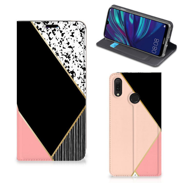 Huawei Y7 hoesje Y7 Pro (2019) Stand Case Zwart Roze Vormen