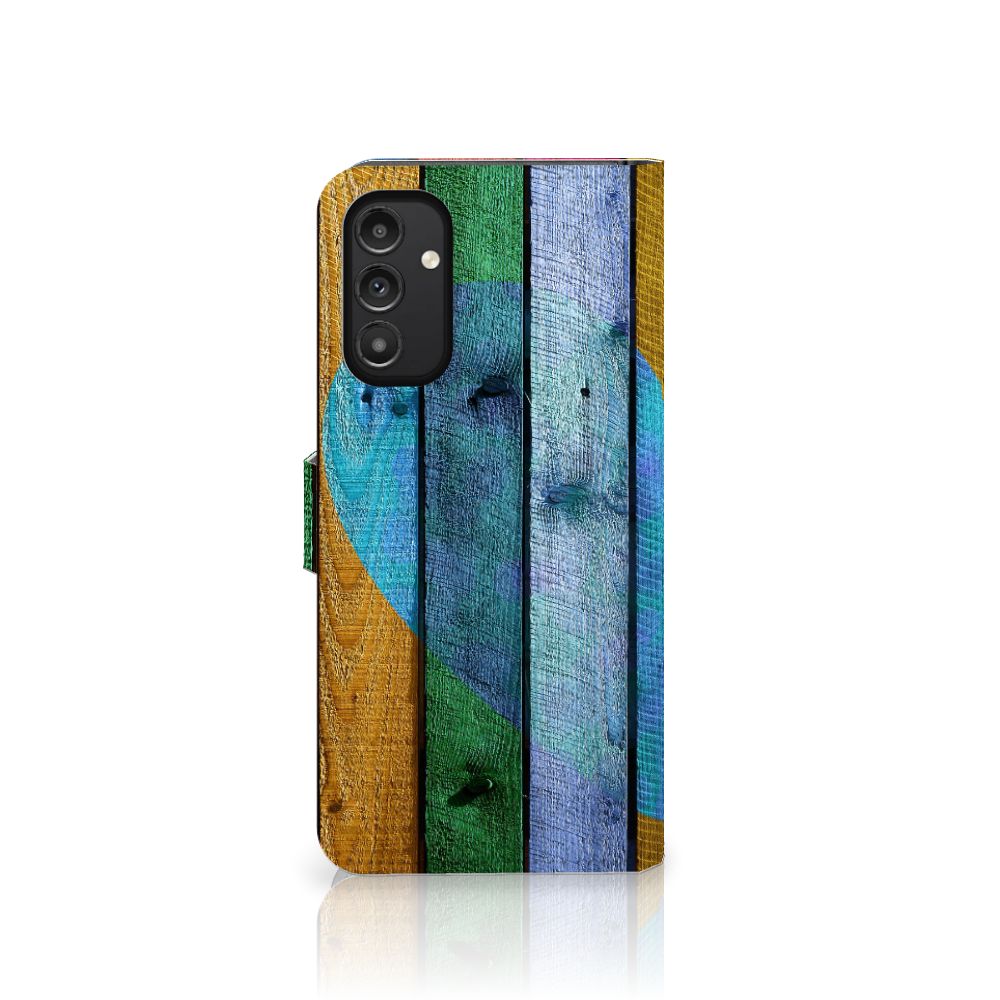 Samsung Galaxy A14 5G Book Style Case Wood Heart - Cadeau voor je Vriend met kleurrijk houten ontwerp.