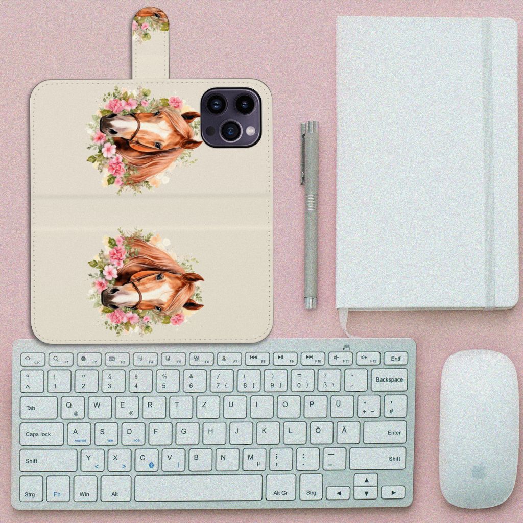 Telefoonhoesje met Pasjes voor iPhone 15 Pro Max Paard met bloemenprint en een elegant design.