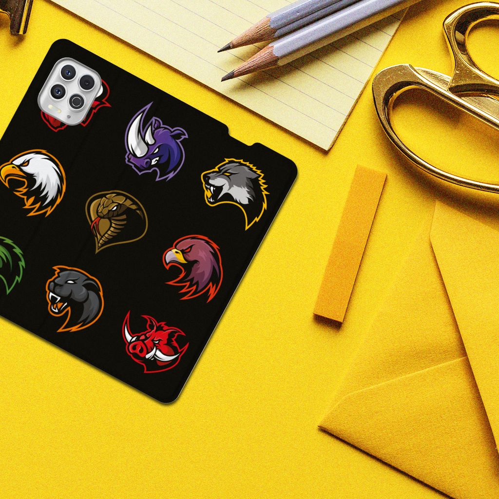 Motorola Moto G100 Magnet Case Cartoon featuring colorful animal designs on a black background.