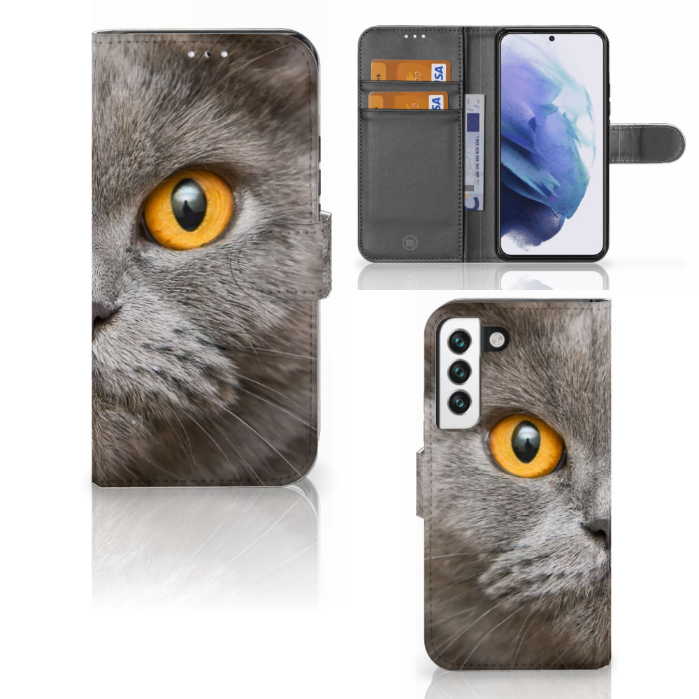 Telefoonhoesje met Pasjes Samsung Galaxy S22 Britse Korthaar met indrukwekkende kattenoog afbeelding.
