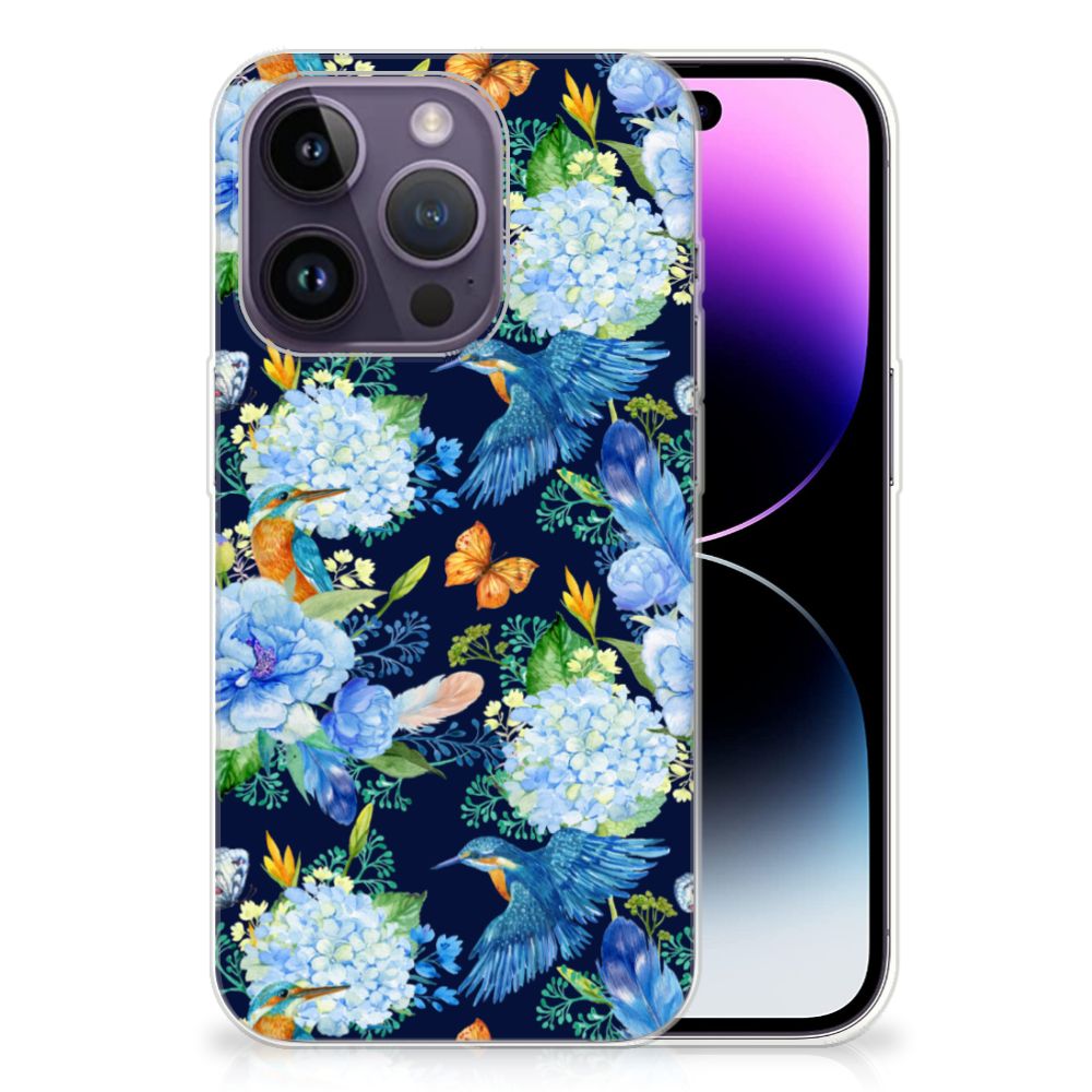 TPU Hoesje voor Apple iPhone 14 Pro IJsvogel met bloemen en vogels patroon op een blauwe achtergrond.